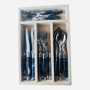 Laguiole 24 Pce Set MARBLE BLACK StdF WoodTray NEWS