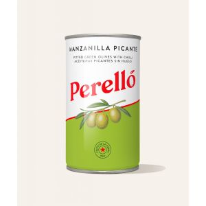 Perello Olives Manzanilla pitted green chilli 150g Tin sml