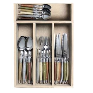 Laguiole Jean DuBost 24 Piece Cutlery Set MINERAL MIX STD in Natural Wood Tray Made in France 